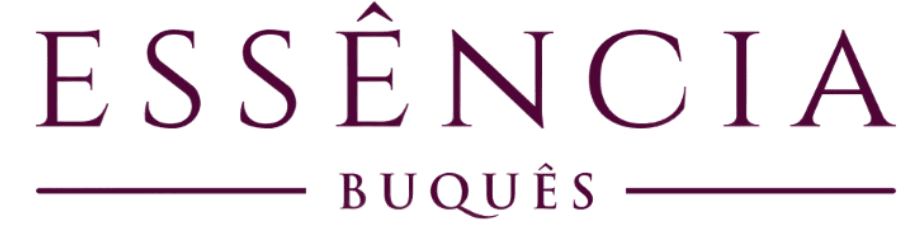 Logo da Essência Buquês com símbolo floral e nome da marca em roxo.