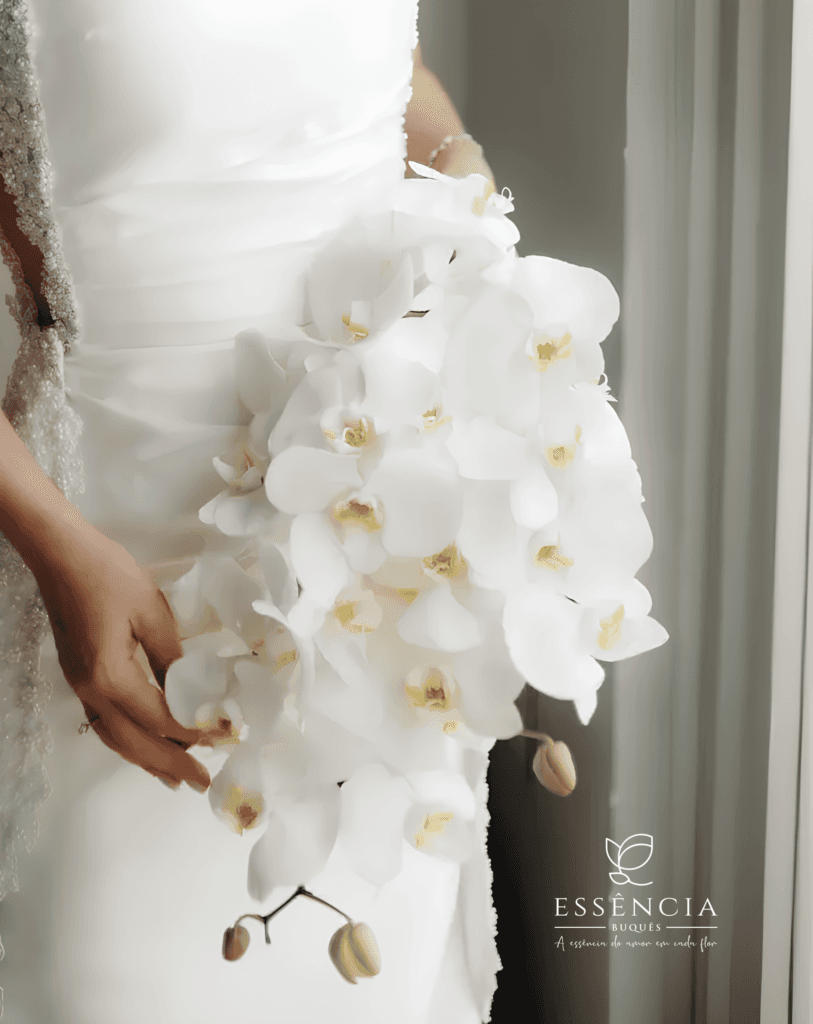 Buquê de Orquídeas Brancas em formato cascata com folhagem e fita decorativa, ideal para casamento religioso.