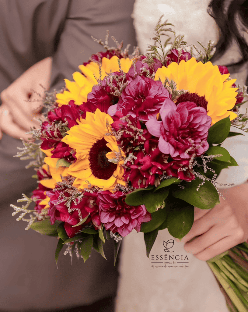 Buquê de girassol amarelo com tons vermelhos com folhagem e fita decorativa, ideal para casamento civil.